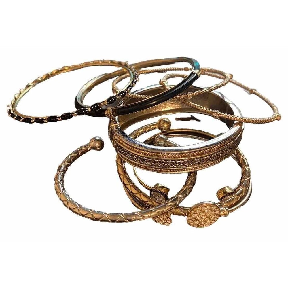 Lot of 8 Sparkling Gold Bangle Bracelets; Hinged, w/Crystals, beaded, Open ball